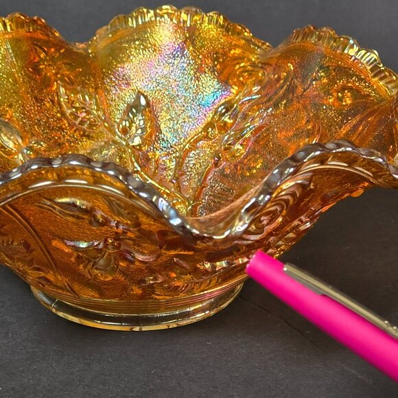 Vtg Imperial Glass American Beauty Open Rose Marigold Riffle Carnival Glass Bowl - Picture 6 of 14